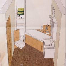 Badezimmer-Entwurf mit Badewanne in einer Ecke, Toilette und Waschbecken